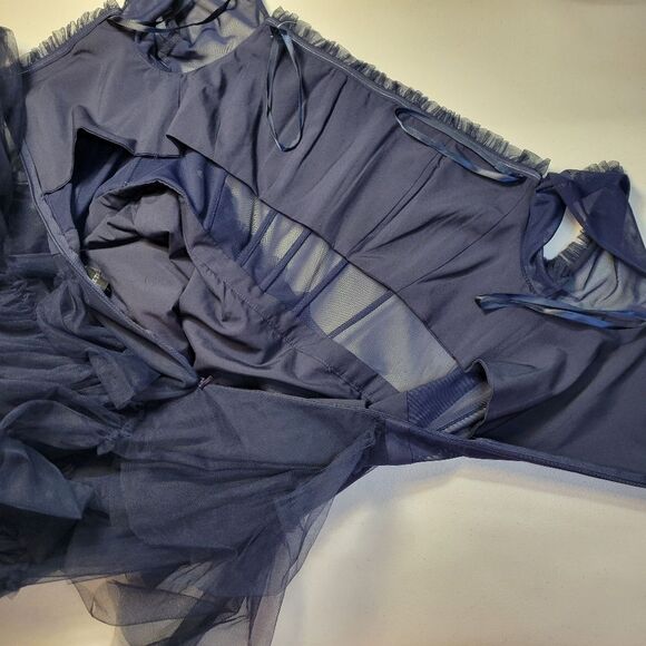 Betsy & Adam Navy Blue Off-Shoulder Formal See Through Corset Prom Dress - Picture 12 of 16